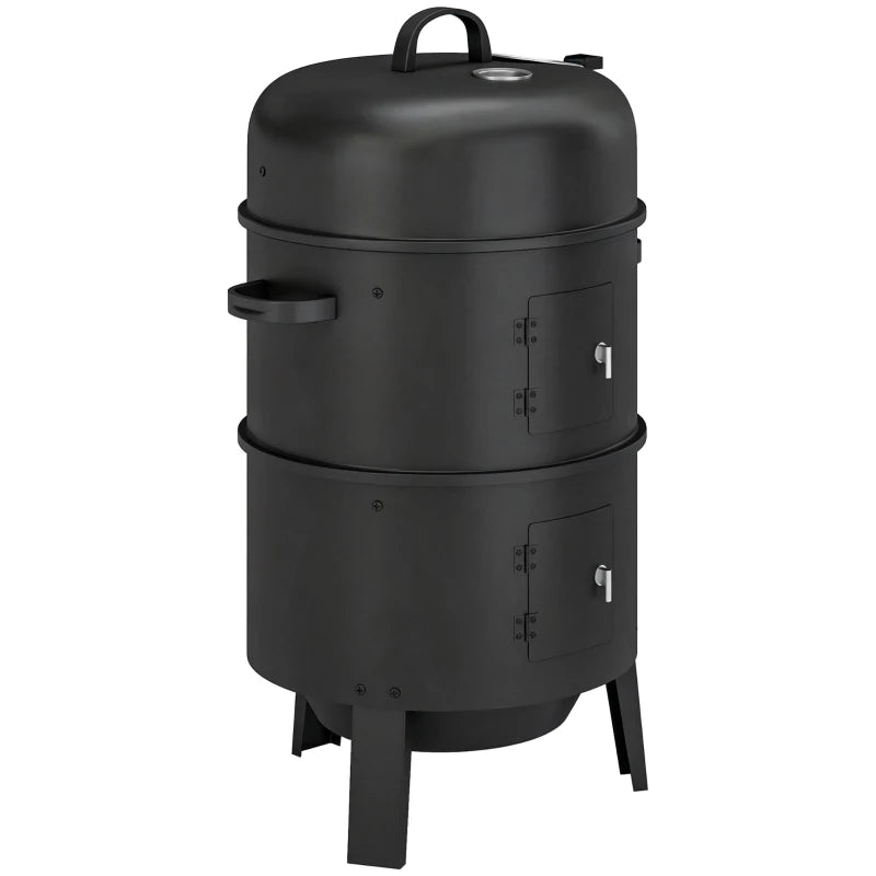 Vertical charcoal smoker with built-in thermometer, adjustable top, and two doors