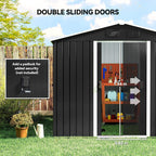 Grey metal garden shed with double sliding doors and roof ventilation louver vents.