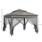 Dark grey pop up gazebo with double roof and mesh curtains, showing size