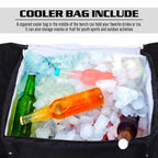 Black bench cooler bag with zipper, filled with ice and bottled drinks