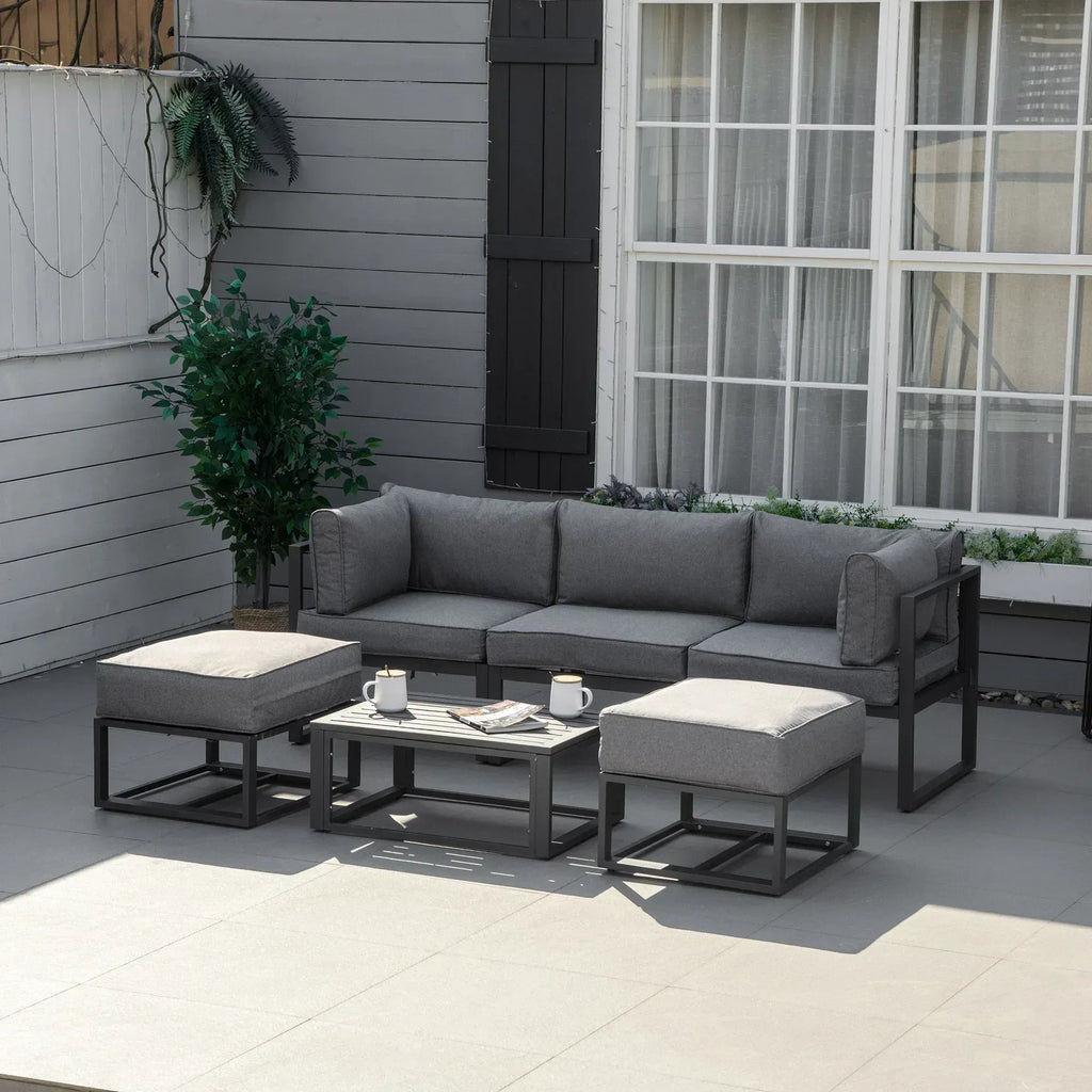 Garden Daybed, 6 Piece Outdoor Sectional Sofa Set, Aluminum Patio Conversation Furniture Set with Coffee Table, Footstool and Cushions, Grey - Bobobiy