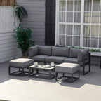 Grey outdoor sectional sofa set with ottoman seating and matching coffee table