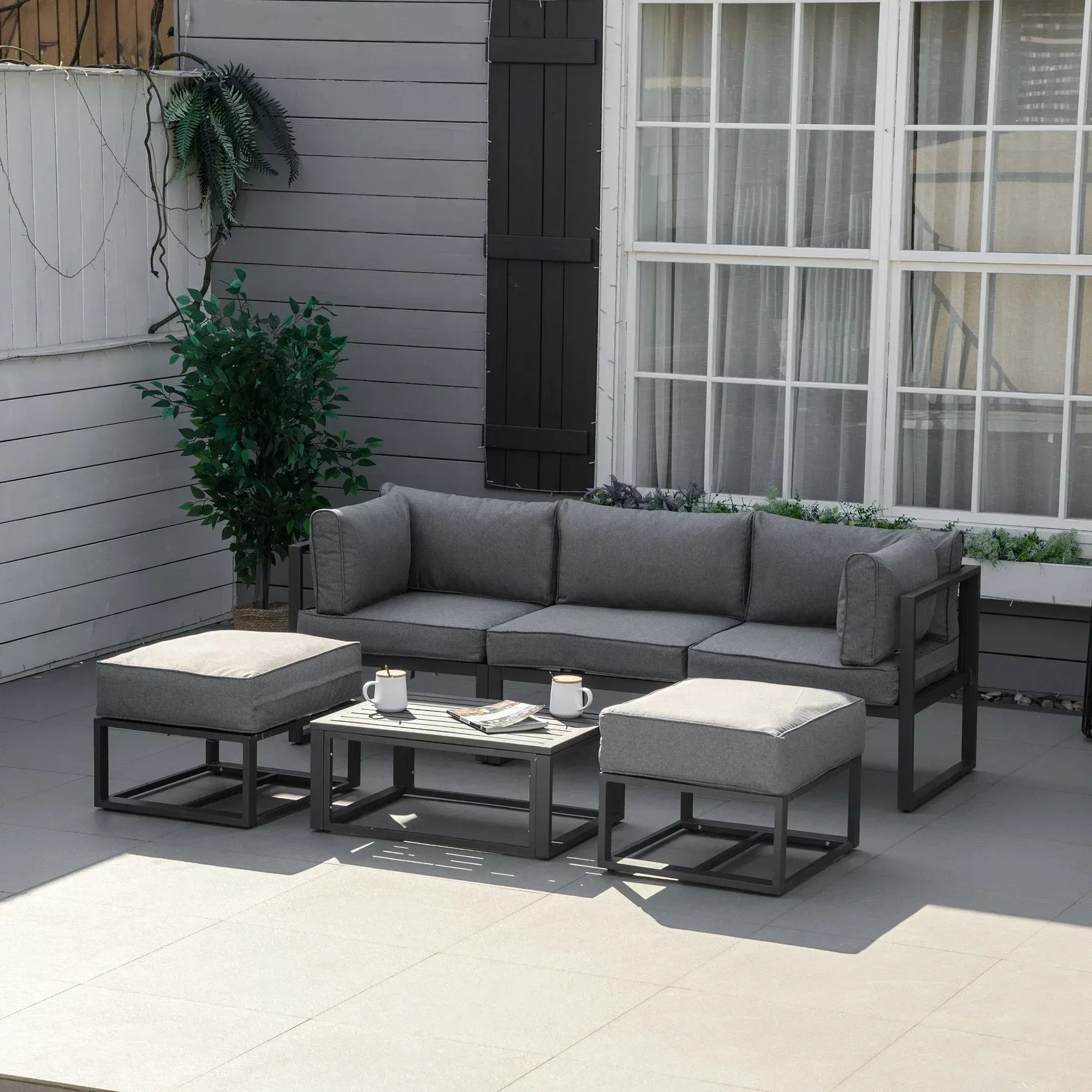 Garden Daybed, 6 Piece Outdoor Sectional Sofa Set, Aluminum Patio Conversation Furniture Set with Coffee Table, Footstool and Cushions, Grey - Bobobiy