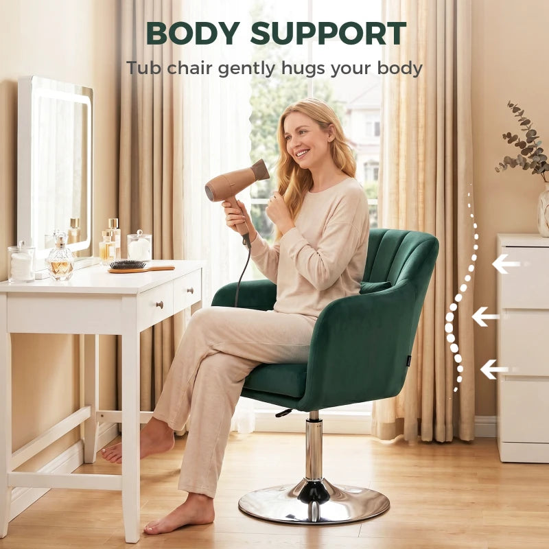 Dark green velvet tub chair with supportive back, contoured seat, swivel base