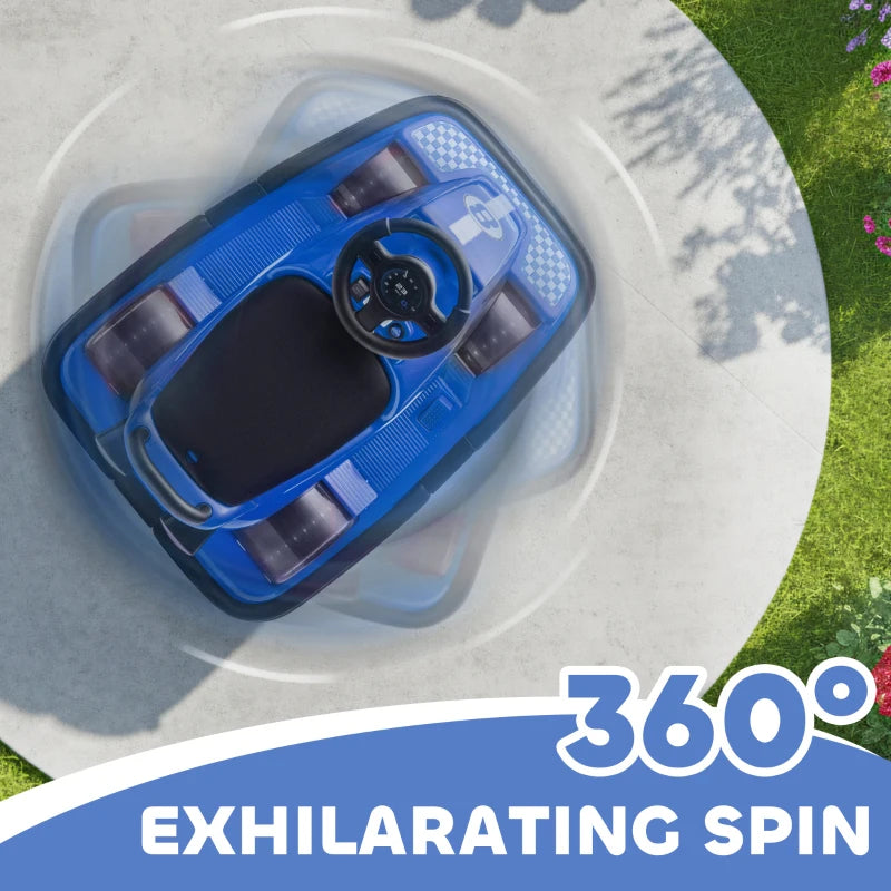 Top view of a blue electric bumper car showing steering wheel and checkered foot area