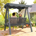 Grey wooden 2-seat swing bench with canopy and chain suspension, slatted backrest