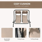 Beige swing chair with protective canopy and padded cushions with fixed straps.