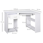White L-shaped corner desk with drawer and side storage, shown with dimensions