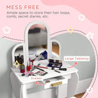 White kids dressing table with arched mirror, wide tabletop, and front drawer