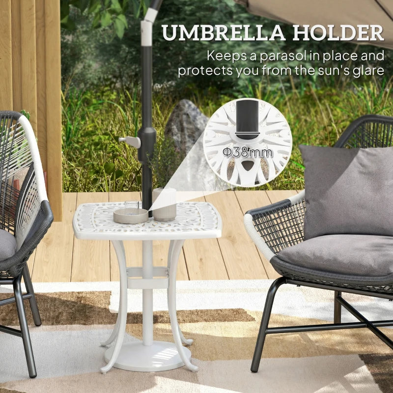 White patio end table with 38mm umbrella hole, lattice top and anti-slip feet