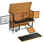 Open-top pet hutch with wire mesh sides, wooden inner panels, and hinged access doors