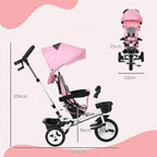 Pink baby tricycle stroller with canopy, tray, and parent handle, side view