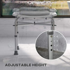 White shower stool with adjustable height legs, padded seat, and height-setting scale