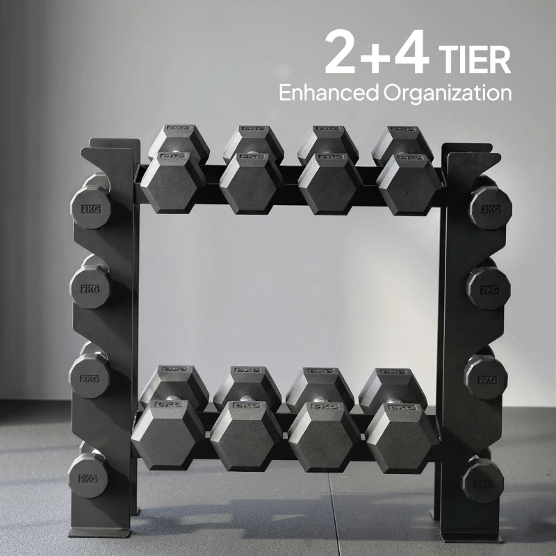 Black weight rack with multiple dumbbells on four tiers of side hooks