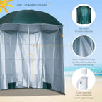 Green sun shelter umbrella with silver inner lining and side panels for extra coverage