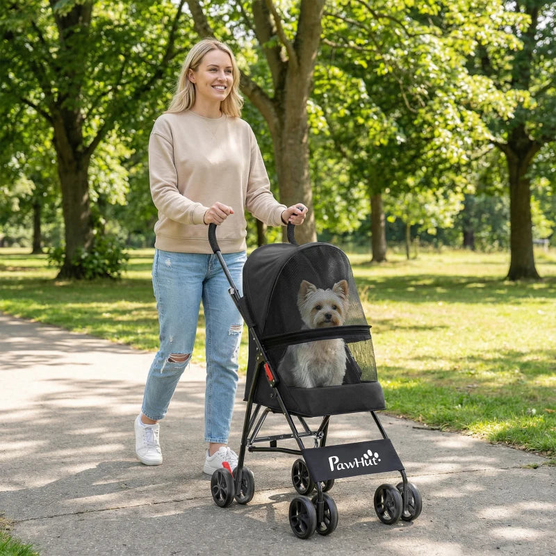Black foldable pet stroller with mesh window, hand-held handle, and multi-wheel base