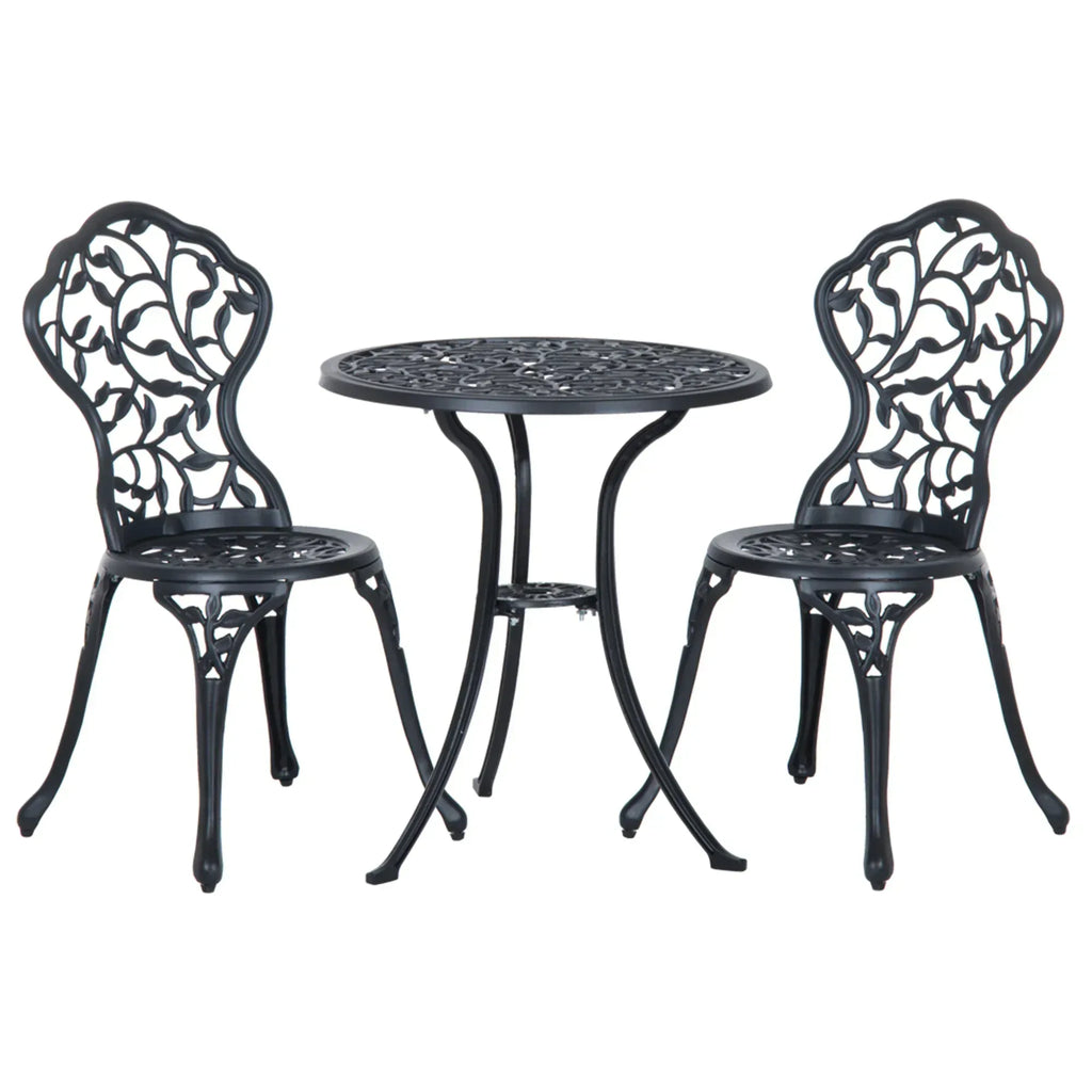 3 Pcs Aluminium Bistro Set Garden Furniture Dining Table Chairs Antique Outdoor Seat Patio Seater Black - Bobobiy