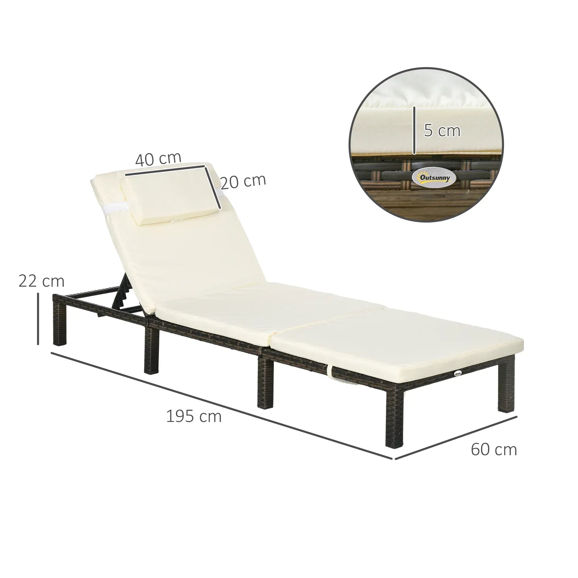 Set of Two Reclining Rattan Sun Loungers, with Cushions - Brown/Cream - Bobobiy