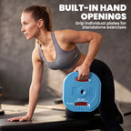 Blue weight plate end on a barbell with non-slip handle for training