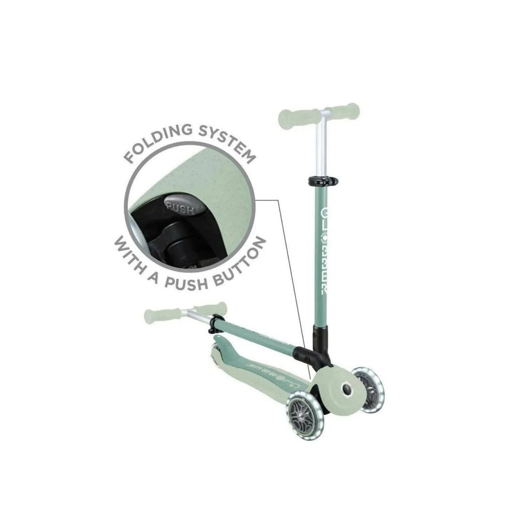 Pistachio mint scooter with folding system push button and front wheel detail