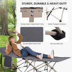Grey camping cot with powder-coated steel frame, durable 600D fabric and wide feet