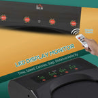 LED control panel on a treadmill with remote control, showing speed and workout indicators.