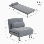 Grey single sleeper chair shown extended as a long flat lounge