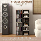 Dark wood-effect CD storage unit with open shelves, CDs and book spines displayed.