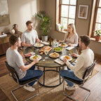 Round dining table with rustic brown woodgrain surface and black conical base