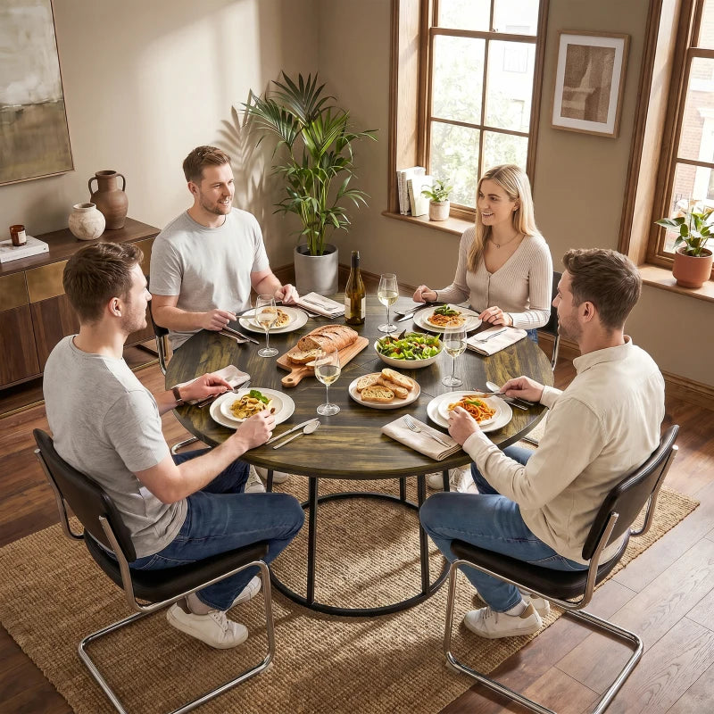 Round dining table with rustic brown woodgrain surface and black conical base
