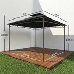 Black 3x3 m garden gazebo with metal posts and two-tier roof, open sides over deck