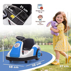 Blue and white kids bumper car ride-on with black wheels and steering, size shown