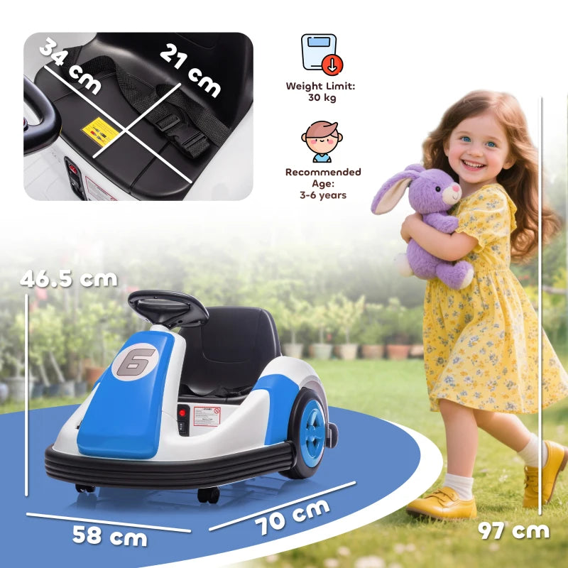 Blue and white kids bumper car ride-on with black wheels and steering, size shown