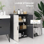 Bathroom storage cabinet with two open shelves behind one door, grey and white body.