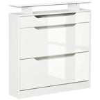 White shoe storage cabinet with slide-out drawer and tempered glass top, front flip doors closed