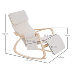 Cream white rocking lounge chair recliner showing measurements and adjustable footrest
