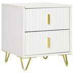 White two-drawer chest with vertical ribbed front, gold-tone bar handles, and angled legs