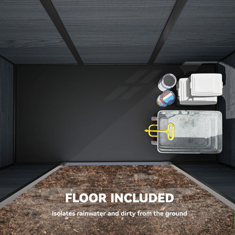 Interior of dark grey resin shed with included floor panel on the base
