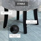 Grey velvet vanity stool with copper nailhead trim, black rubber-wood legs, adjustable footpads