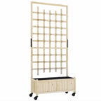 Raised wooden garden planter with grid trellis and four caster wheels.