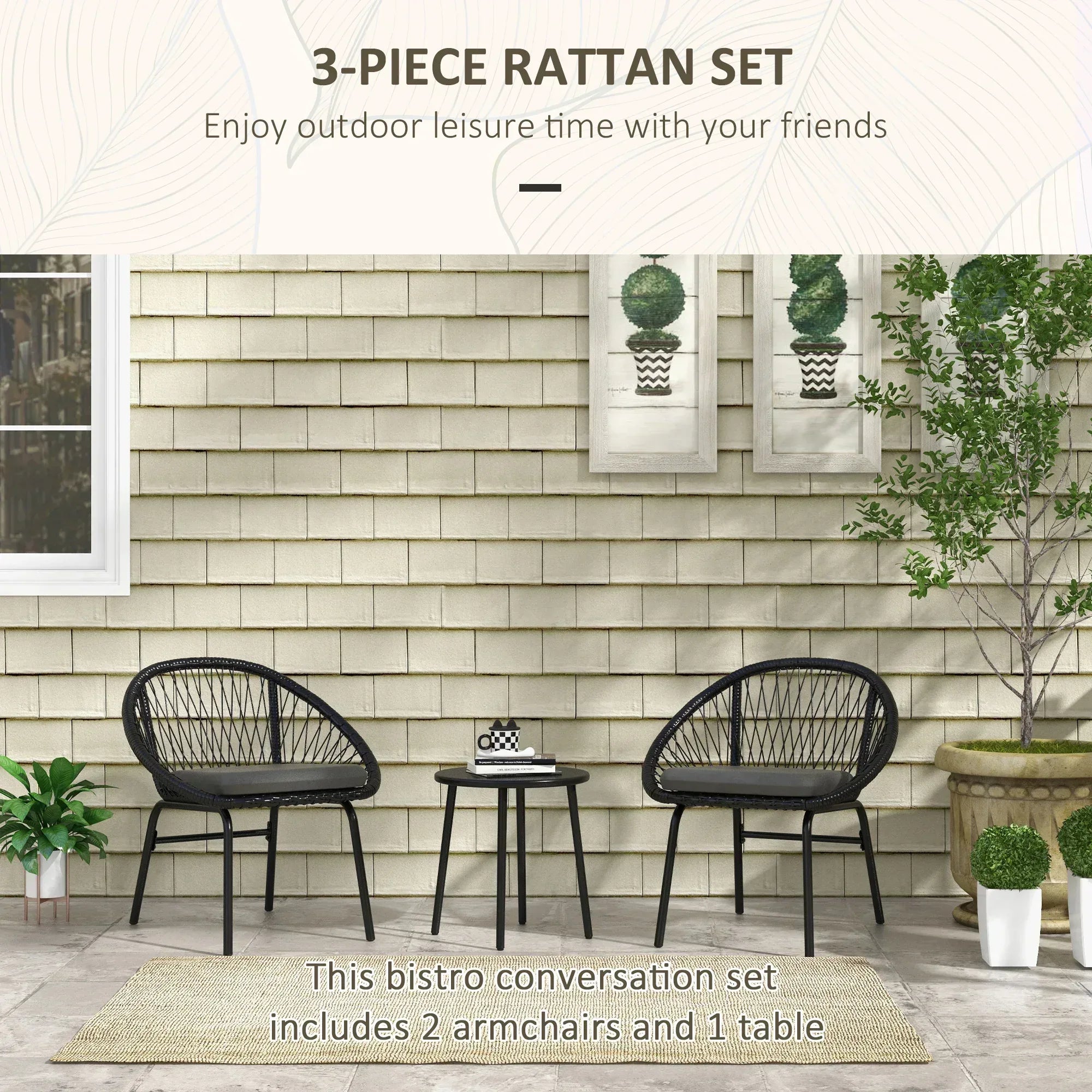 Three-Piece Rattan Bistro Set - Black - Bobobiy