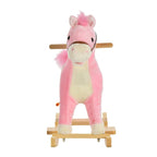 Pink plush rocking horse toy standing on light wood rocker base