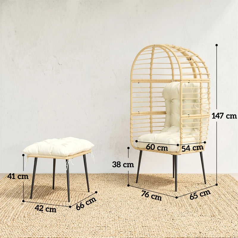 Beige egg chair and footstool with white cushions on slender black legs