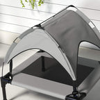 Close view of light grey cooling pet bed canopy and breathable mesh interior