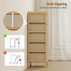 Bamboo-framed chest of drawers with anti-tipping straps and five cream fabric compartments