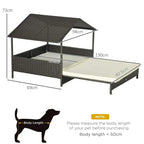 Extendable dark rattan-style dog bed with roof; dimensions shown over cushion
