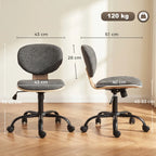 Grey upholstered office chair, curved back and padded seat on 5-wheel rolling base