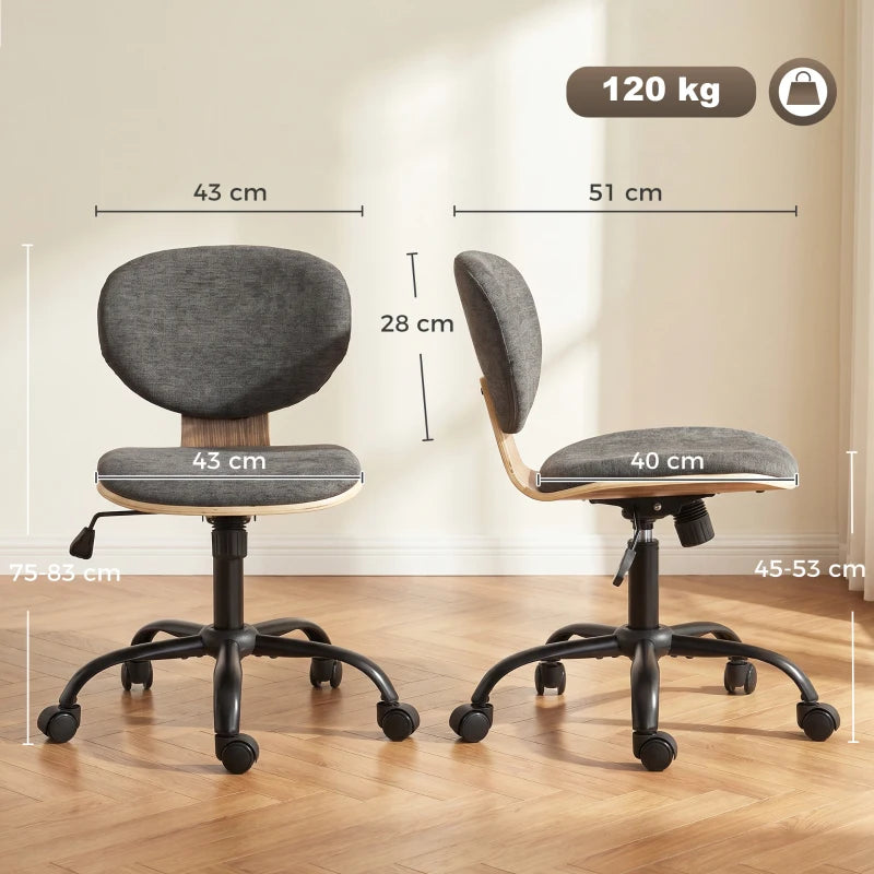 Grey upholstered office chair, curved back and padded seat on 5-wheel rolling base