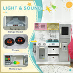 White kids toy kitchen playset showing stove and microwave areas with hood and controls