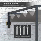 Dark grey wall-mounted lean-to steel pergola with retractable fabric canopy and fixing screws.
